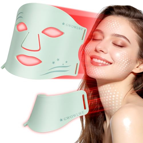 GWOWLWF LED Face Mask Light Therapy with Neck, 7-Color Skin Care Mask for Home Use, Red 630±5nm & Near Infrared 830nm, Helps Reduce Wrinkles & Inflammatory Acne（Green）