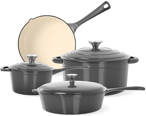 Kitchen Academy 7 Pièces lot Casserole et Poêle Induction en Fonte Émaillée | Tous feux, induction et four, 100% sans PFOA, PTFE, plomb, cadmium, rétention de chaleur maximale pour mijoter