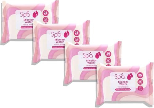 4x Spa Micellar Water Facial Wipes - 25 Wipes in a Pack | All Skin Types, Makeup Remover, Plastic-Free Wipes, Gentle Cleansing, Do Not Flush