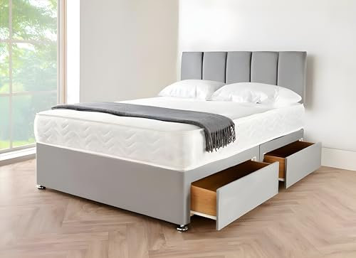 Divan Beds Deals Double Bed Frame, Grey Suede Fabric Bed 20 Inch Vertical Line Headboar 10 Inch Spring Memory Foam Mattress with 2 Storage Drawers