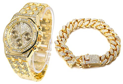 Halukakah Diamant Golduhr, Herren 18K Echt Vergoldet 40MM Breite Römische Zahlen Wählen Quarz Armband 22cm mit Kubanischer Link Kette 20cm Armband Set, mit Geschenkbox