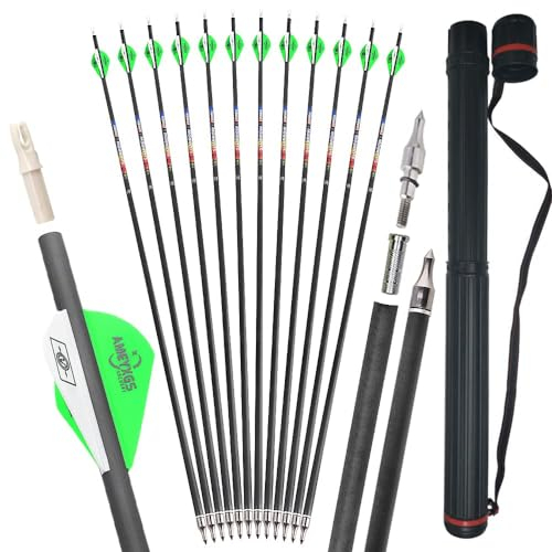 SHARROW 12P 100% Reines Carbon Pfeile 32 Zoll Pfeile für Bogenschießen Spine 350 Zielbogenschießen Jagdpfeile Pfeile Bogen Pfeile für Recurvebogen Compoundbogen Bogensport (Spine 350, Köcher+Pfeile)