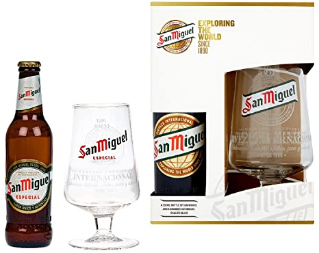 San Miguel Beer Gift Set - Randomly Selected one of Official Branded 330ml Beer Bottle & Engraved Chalice Pint Glass Gifts for Him. Perfect for Birthday Gifts, Christmas Gifts for Stocking Fillers