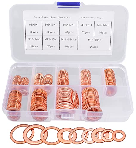Mesee 200 Stück Kupfer Unterlegscheiben Sortiment Kit M5 M6 M8 M10 M12 M14 Öldichtung Flache Unterlegscheiben Metrisch Kupfer O Ring Dichtung Dichtung Ersatzset (9 Größen)