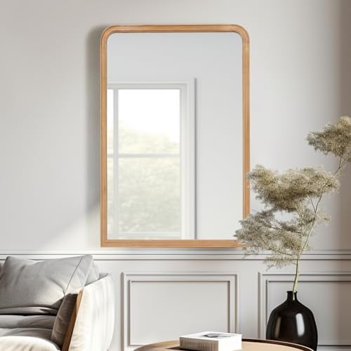WallBeyond Spiegel Badezimmer mit Holzrahmen, 60x90cm Rustikaler Dekorativer Wandspiegel Rechteckig Badspiegel für Flur Wohnzimmer Eingänge