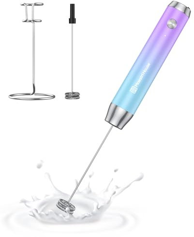 Maestri House Rechargeable Milk Frother with Stand, Handheld Electric Foam Maker Waterproof Detachable Stainless Steel Whisk Drink Mixer Foamer for Lattes, Cappuccino (Purple and Blue)