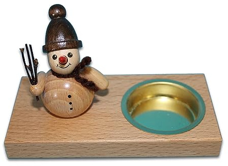 Holzwaren Egermann Leuchter aus Holz - Teelichthalter in Naturfarben mit süßem Schneemanndesign - Motiv: mit Reisig - Länge: ca. 11,5 cm - Made in Germany