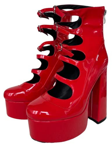 Frankie Hsu Lolita, stivali da donna con tacco alto, tacco alto, tacco alto, tacco alto, leopardato, in pelle verniciata, con plateau, Rosso, 50 EU