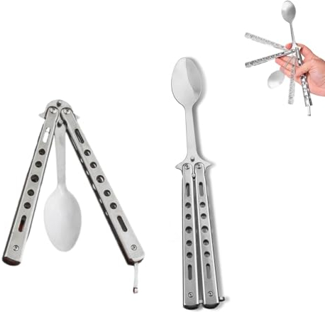 streeHerjjkeA1 Butterfly Löffel,SchmetterlingsLöffel,Butterfly-Trainingsmesser,Butterfly Spoon,für Reisen Camping Jagd Grillküche andere Outdoor-Aktivitäten(Silber)