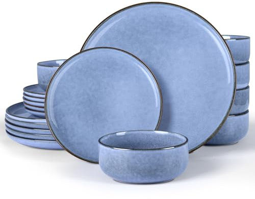 Geschirr Set für 6 Personen, Onader 18 Teiliges Steinzeug Tafelservice Kombiservice, je 6 Speiseteller, Dessertteller, Müslischalen, Spülmaschinenfest & Stabil - Gelassenheit Blau