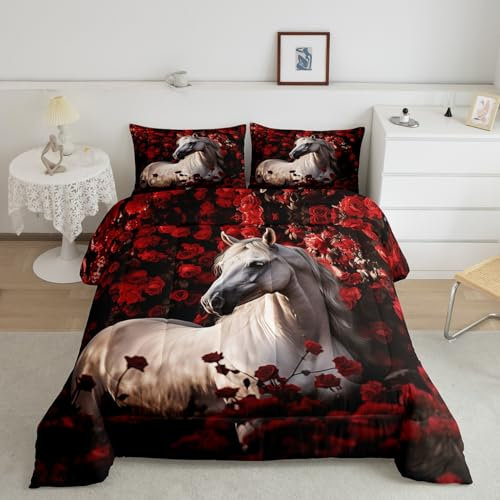 Feelyou Kinder-Bettwäsche-Set, Queen-Size-Größe, galoppierendes Pferd, niedliches Tierdekor, Schmusetuch für Jungen und Mädchen, Rosenmuster, Teenager, Bettwäsche-Set, Raumdekoration, 3-teilig