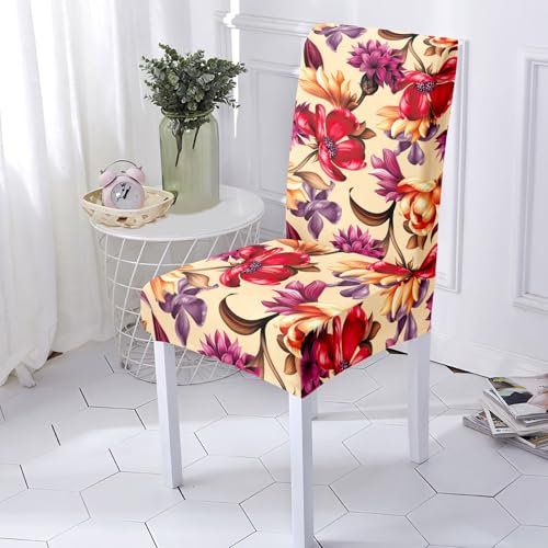 Stuhlhussen Rote Lila Blüten Stuhlhussen Schwingstühle Universal Stretch Hussen für Stühle Abnehmbarer Waschbarer Stuhlbezug Stühle Schutz Dekoration Stuhlhusse(8er Set)