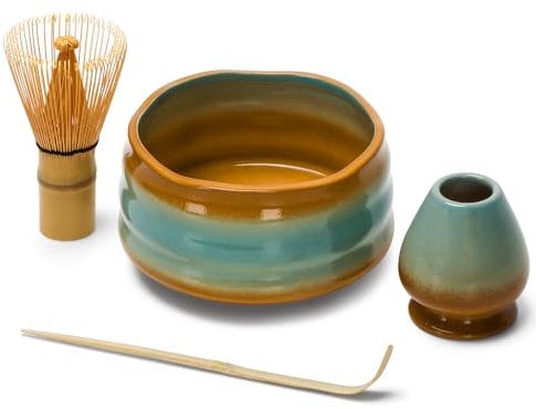 DiDiBirDi Ceramic Matcha Tea Set 4 Pcs, Japanese Matcha Bowl, Matcha Whisk (Chasen), Scoop (Chashaku),Whisk Holder (Blue Brown)