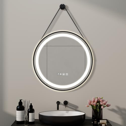 YU YUSING Miroir de Salle de Bain Rond LED 60x60cm, Miroir Lumineux Cosmétique Mural 3 Couleurs Lumière Réglables, Cadre Métallique, Sangle Amovible, Affichage L'heure,Anti-buée,IP44 Étanchéité