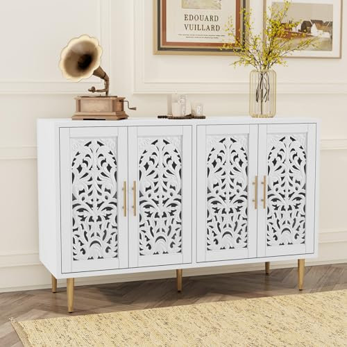 HOLTICO Wooden Sideboard Storage Cabinet with 4 Doors, Vintage Hollow Carving Buffet Accent Cabinet, Modern White Sideboards for Living Room, Kitchen, Dining Room, Hallway