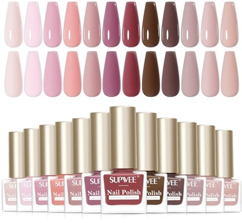 SUPWEE 12 Farben Nagellack Schnelltrocknend, 7ML Rosa Braun Nude-Farbe Quick Drying Nagellack Set Glossy Oil Based Nail Polish Ohne UV Lampe für DIY-Nagelkunst zu Hause