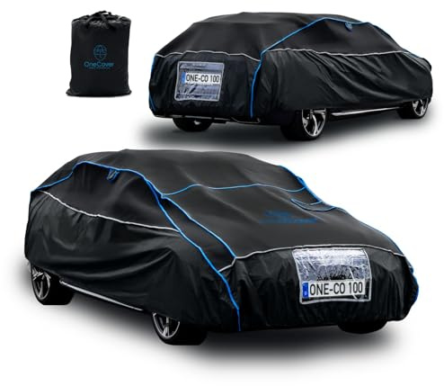 OneCover Premium Hagelschutz Auto Abdeckung – 4 mm Eva Polsterung, Ganzjahresschutz, Sturmfest, Reflektoren & Kennzeichenfenster (Größe L)