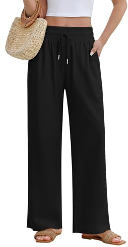 Fashora Pantalon Lin Femme Pantalon Large Été Elastique Taille Haute Pantalon Fluide Ample Décontractée Palazzo Pants Plage Pantalons Elegant avec Poches