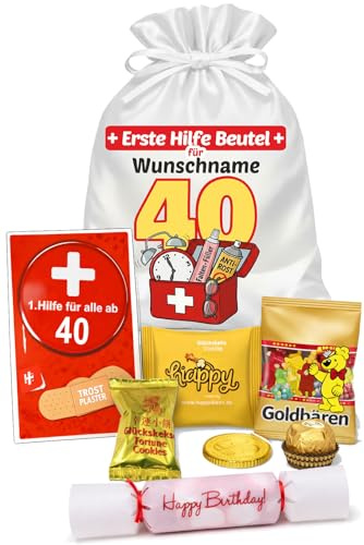 Erste Hilfe Beutel zum 40. Geburtstag mit Geschenkkarte, Trostpflaster & Wunschnamen – Personalisiertes Geldgeschenk Verpackung inkl. Satinbeutel, Glückskeksen & Konfetti-Bonbon