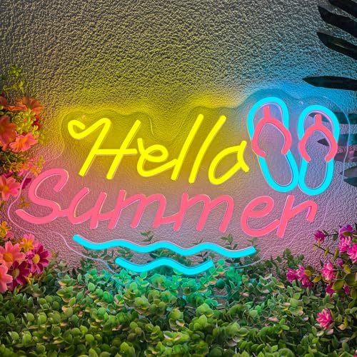Hello Summer Neon Schild Dimmbar Wellen und Flip-Flop Neon Licht | USB Betrieben Ästhetische Neon Schilder für Wanddekoration Sommer Deko für Schlafzimmer Strandparty Hausbar