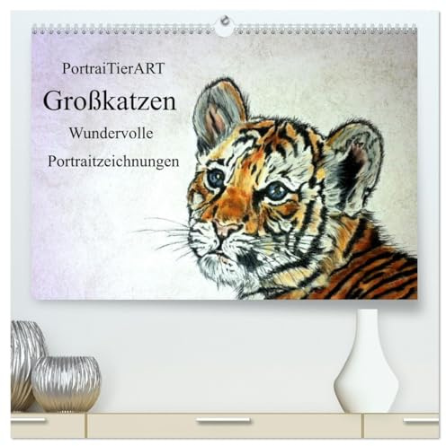 PortraiTierART Großkatzen - Wundervolle Portraitzeichnungen (hochwertiger Premium Wandkalender 2026 DIN A2 quer), Kunstdruck in Hochglanz: Authentische Portraits von Löwen und Tigern (CALVENDO Kunst)