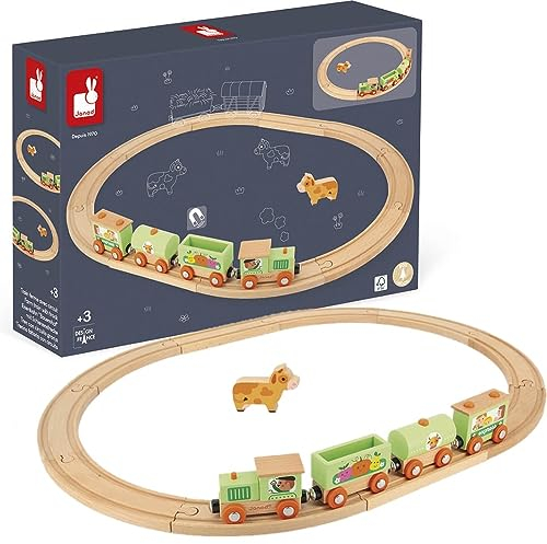 Janod - Set Bauernhof-Zug Story - 5 Holzfiguren - Spielzeug für fantasievolles Spielen - Bauernhoftiere mit Fahrzeugen - Kompatibel mit den auf dem Markt erhältlichen Schienen - Ab 3 Jahren, J08578