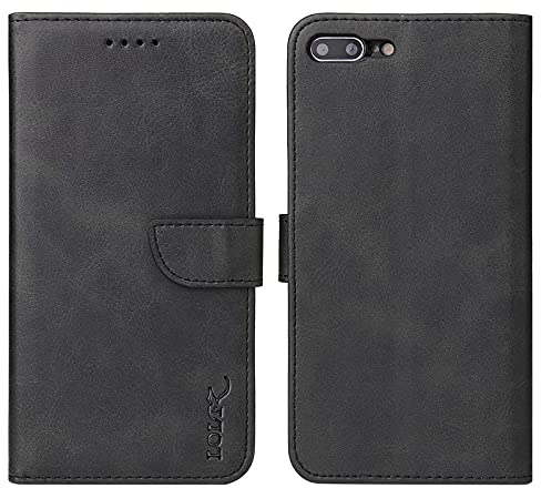LOLFZ Wallet Case for iPhone 7 Plus 8 Plus, Vintage Leather Book Case with Card Holder Kickstand Magnetic Closure Flip Case Cover - Black