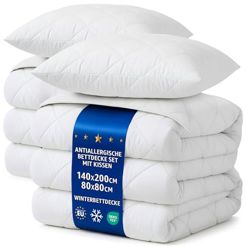 Bettdecken Set 2 Stück 140x200 Winterbettdecken mit 2 Kissen 80x80 – Weiche warme Steppbettdecken für Allergiker, kuschelige Decken mit Füllung, Oeko-Tex Zertifiziert, waschbar