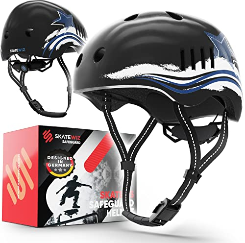 SKATEWIZ Kinder Fahrradhelm Mädchen - Fahrradhelm Kinder Jungen, Fahrradhelm Kinder - Skaterhelm Kinder, Fahrrad Helm Kind, Kinderhelm - Helm Kinder, Helm Fahrrad - Größe S Schwarz-Blau Stern