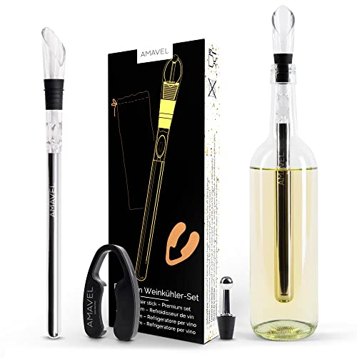 AMAVEL Kit Premium Enfriador de Botellas de Vino, Juego de Refrigeración de Acero Inoxidable con Accesorios Bar, Varilla de Enfriamiento con Tapón-Decantador y Aireador