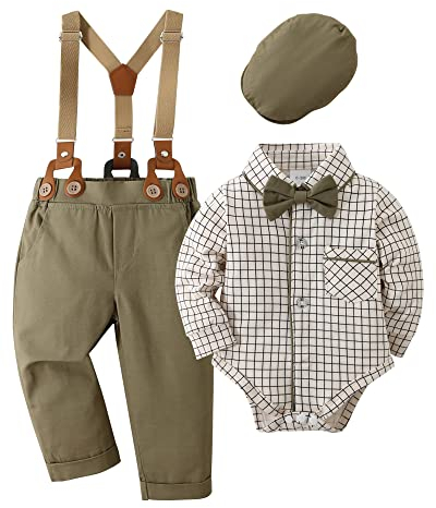 Amissz Completini e coordinati per Bambino Gentiluomo Vestito Battesimo Maschio Bambini e Ragazzi Abiti Camicia con Farfallino + Pantaloni con Bretelle + Berretti Abbigliamento Verde, 12-18 mesi
