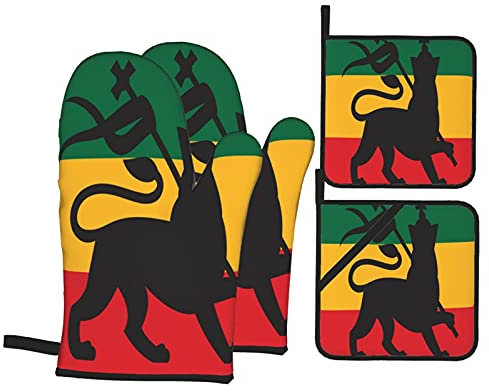 Juego De Manoplas Y Agarraderas Bandera Rastafari con León Judah Resistentes Al Calor Guantes Horno Antideslizantes Soportes para Ollas para Horno Cocinar Regalos