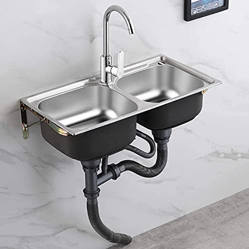 MUSUMI Edelstahl-Doppelwaschbecken, Handwaschbecken zur Wandmontage mit Schwanenhalshahn, für Küchenwäsche, Hinterhofgaragen