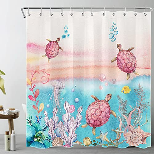 LB Rosa Schildkröte Duschvorhang 240x175cm Tropischer Strand Blaues Meer Antischimmel Wasserdicht Badezimmer Vorhänge, Fische Quallen und Seesterne Extra Breit Polyester Stoff Bad Vorhang mit Haken