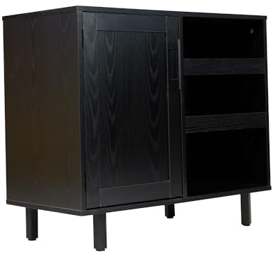 Flash Furniture Elmont Classic Bar and Sideboard with Shaker Style Single Door Cabinet with Hanging Glass Storage and Open Bottle Shelves, Set of 1, Black