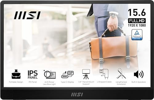 MSI Pro MP161 E2 Portable Monitor 15.6 FHD IPS 1080p, USB Type-C, Mini-HDMI, Built-in Speakers, Perfect for PC, Mac, PS5, PS4, Xbox, Mobile, Metal Grey