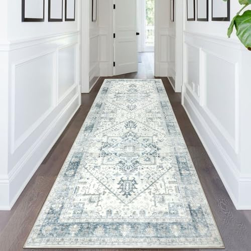 Homcomodar Boho Flur Läufer Teppich 80x200cm Waschbare Distressed Kitchen Läufer Teppiche mit Gummirücken Boden Vintage Teppich Läufer für Flur Entryway Wäsche Daneben