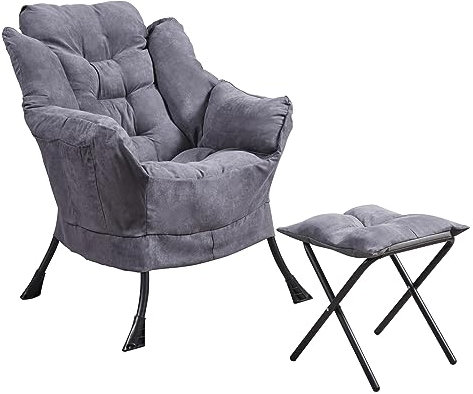 Panana Fauteuil d'appoint avec repose-pieds, fauteuil relax avec accoudoirs et cadre en acier (gris foncé)
