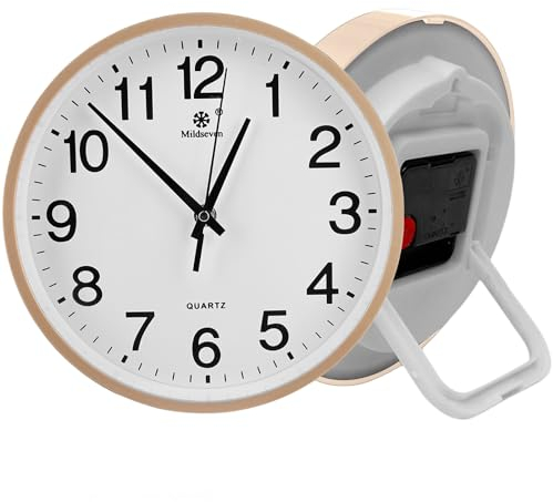 Sporgo 23 cm Wanduhr Groß: Zum Aufstellen oder Aufhängen, Ohne Tickgeräusche, Quarz-Uhr, Hohe Präzision, Modern Weiß für Küche, Wohnzimmer, Büro (Gold)