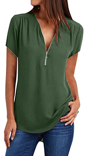 T-Shirt in Chiffon con Scollo a V per Donna Estate Autunno Manica Corta vestibilità Ampia Lunga Tinta Unita Top Camicie da Donna 2025 alla Moda, H-491 Verde Lime Militare, S