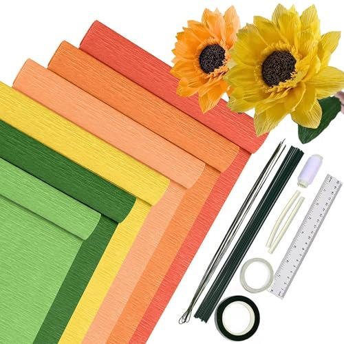 Krepppapier 6er Set Bunt,6 Rollen 25 x200cm Krepppapier Verlaufsgelb mit 15 Blumendraht,Floristenband,Doppelseitiges Klebeband,Lineal,Nähgarn,Krepppapier Blumen Basteln(Gelbe Serie