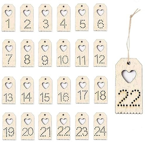 HERZONE 48pcs adventskalender zahlen aus holz 2 sets Adventskalender zum Basteln Zahlen 1-24 Weihnachten Countdown Zahlen Geschenkanhänger (A)