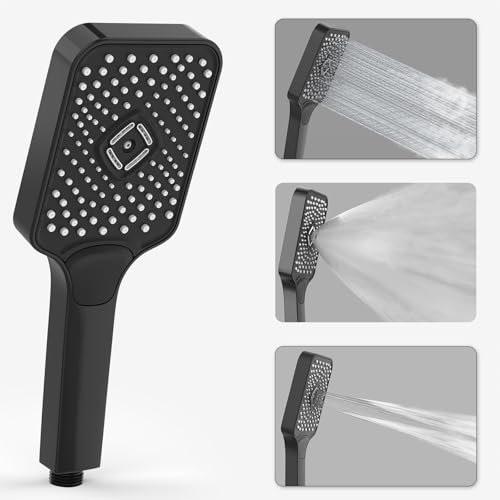 HONBOO Duschkopf, Groß Duschkopf, Groß Handbrause mit 3 Strahlarten, Antikalk Brausekopf, Wassersparender Handbrause Hochdruck, Schwarz
