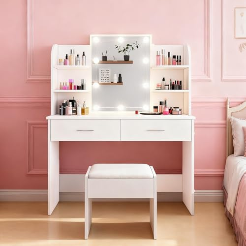 Komtopod Dressing Table with Mirror and Stool, Adjustable Brightness Makeup Desk with Mirror and Drawers, Vanity Desk with LED Lights Jewellery Storage 3 Color Light Bedroom Living Room