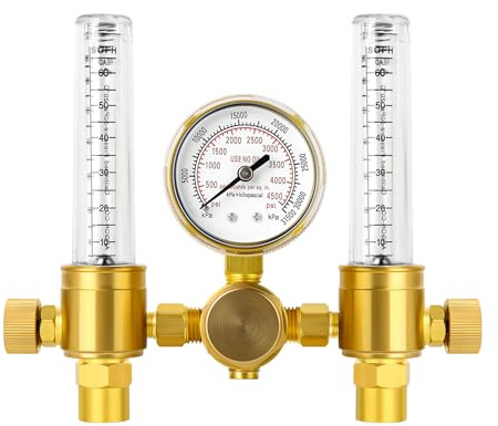 MEANLIN MEASURE Misuratore di portata regolatore di argon,CGA580 Attacco di ingresso,raccordo di uscita 5/8 x 18RH,flussometro a doppia uscita per saldatura ad argon per saldatrici TIG MIG