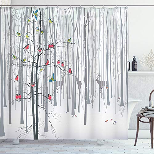ABAKUHAUS Natur Duschvorhang, Vogelschwarm auf dem Baum, Stoffliches Gewebe Badezimmerdekorationsset mit Haken, 175 x 180 cm, Grau Mehrfarbig