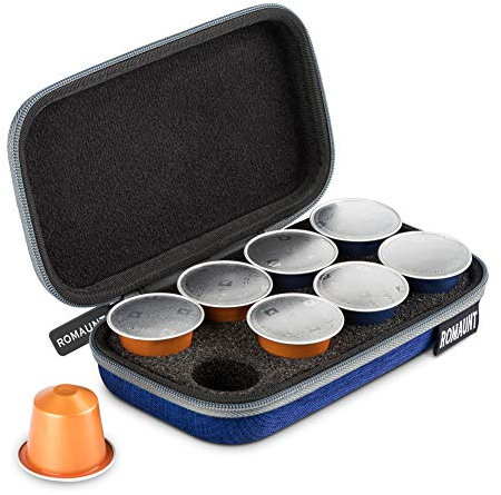 ROMAUNT Étui de transport de protection compatible avec les capsules Nespresso Orignalline - Support de dosettes de café de voyage portable - Coque rigide légère - Peut contenir 8 dosettes - Bleu