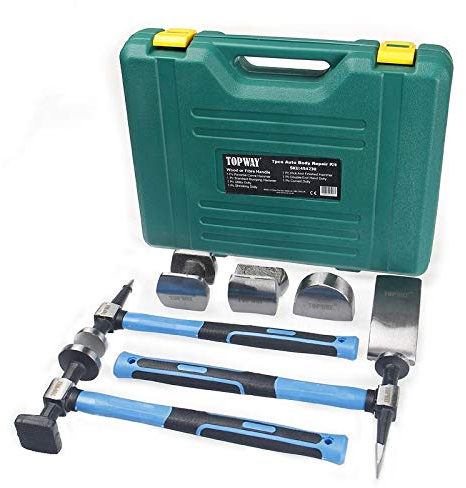 TOPWAY 7 Pezzi kit attrezzi da officina riparazione carrozzeria auto con manici in fibra di vetro, Professionale kit di martelli e tassi per carrozziere 454230
