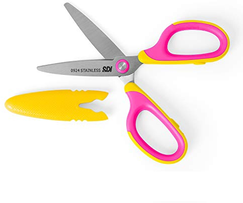 SDI Small Hands Schere für Links- und Rechtshänder mit Anpassbarer Schutzhülle, Runden Spitzen und Sicherheitsgriff. Farbe Gelb und Rosa