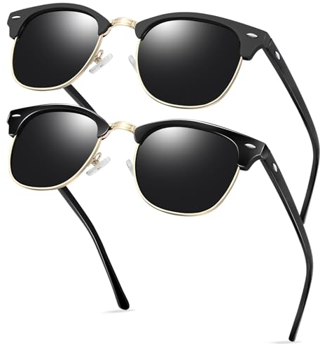KANASTAL 2er Pack Sonnenbrille Herren und Damen Polarisiert Retro Klassische Halbrahmen Sonnenbrille mit Metallrahmen UV400 Schutz, Glänzend Schwarz und Matt Schwarz